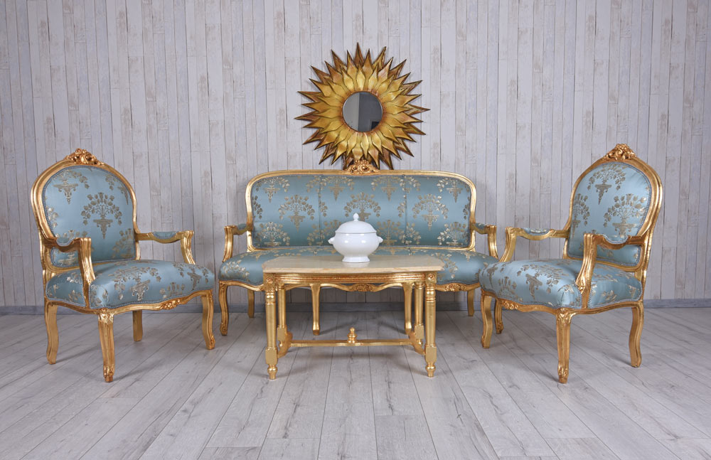 SITZGRUPPE BAROCK SALONGARNITUR SOFA & ZWEI SESSEL TISCH
