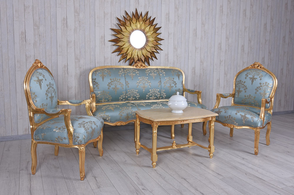 SITZGRUPPE BAROCK SALONGARNITUR SOFA & ZWEI SESSEL TISCH