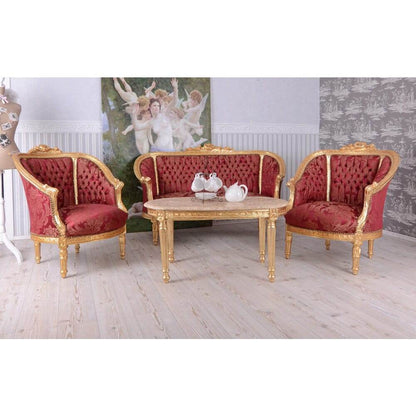 SITZGRUPPE BAROCK SALONGARNITUR SOFA & ZWEI SESSEL TISCH MARMORPLATTE - Palo24