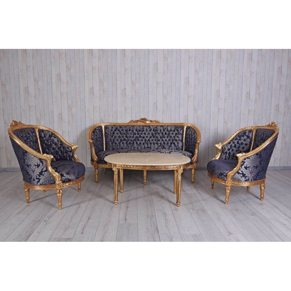 Sitzgarnitur 4-teilig Sitzgruppe Barock Sofa 2 Sessel Couchtisch Marmortisch - Palo24