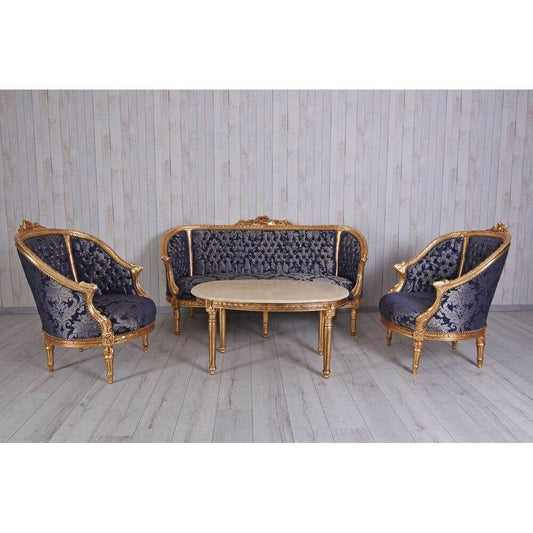 Sitzgarnitur 4-teilig Sitzgruppe Barock Sofa 2 Sessel Couchtisch Marmortisch - Palo24