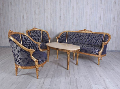 Sitzgarnitur 4-teilig Sitzgruppe Barock Sofa 2 Sessel Couchtisch Marmortisch - Palo24