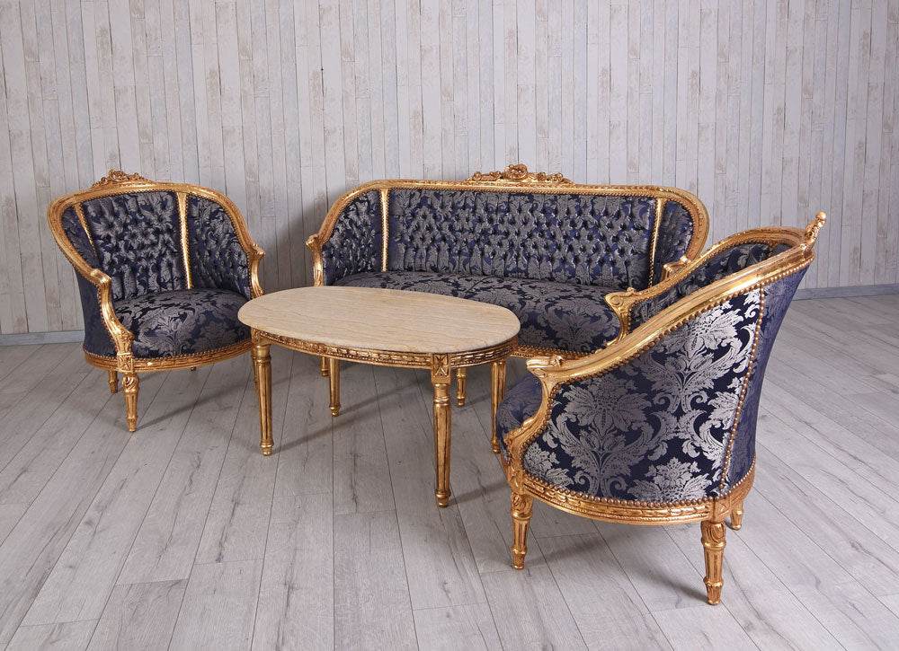 Sitzgarnitur 4-teilig Sitzgruppe Barock Sofa 2 Sessel Couchtisch Marmortisch - Palo24
