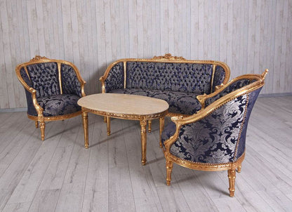 Sitzgarnitur 4-teilig Sitzgruppe Barock Sofa 2 Sessel Couchtisch Marmortisch - Palo24