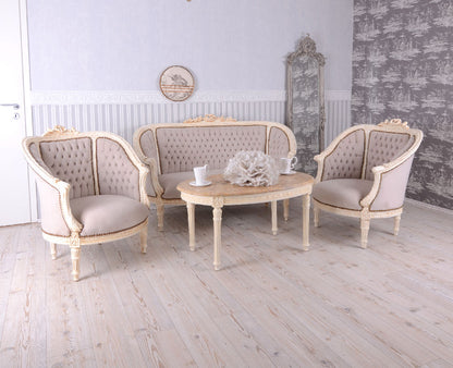 GROUPE DE SIÈGES ENSEMBLE DE SALON BAROQUE CANAPÉ ET DEUX FAUTEUILS TABLE EN MARBRE