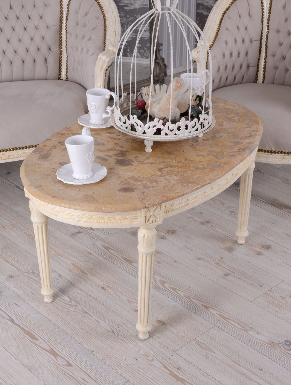 GROUPE DE SIÈGES ENSEMBLE DE SALON BAROQUE CANAPÉ ET DEUX FAUTEUILS TABLE EN MARBRE
