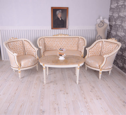 SITZGRUPPE BAROCK SALONGARNITUR SOFA & ZWEI SESSEL TISCH