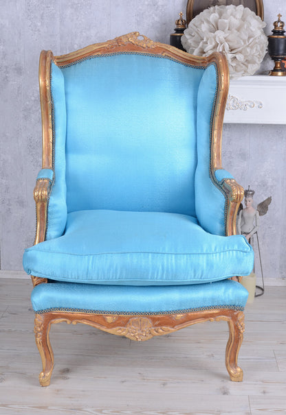 BAROCK OHRENSESSEL KÖNIGLICHER THRON ARMLEHNSESSEL ANTIK GOLD HELLBLAU