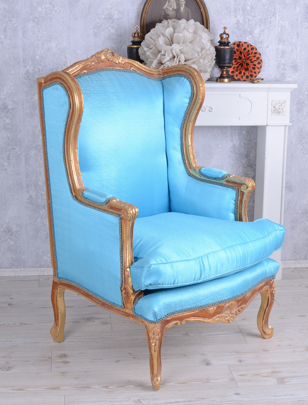 BAROCK OHRENSESSEL KÖNIGLICHER THRON ARMLEHNSESSEL ANTIK GOLD HELLBLAU