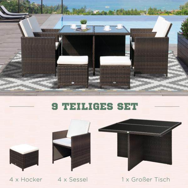 Polyrattan Sitzgruppe Essgruppe 21 tlg. mit Kissen Alu Braun - Palo24