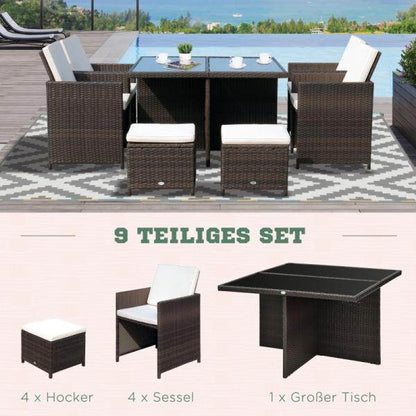 Polyrattan Sitzgruppe Essgruppe 21 tlg. mit Kissen Alu Braun - Palo24
