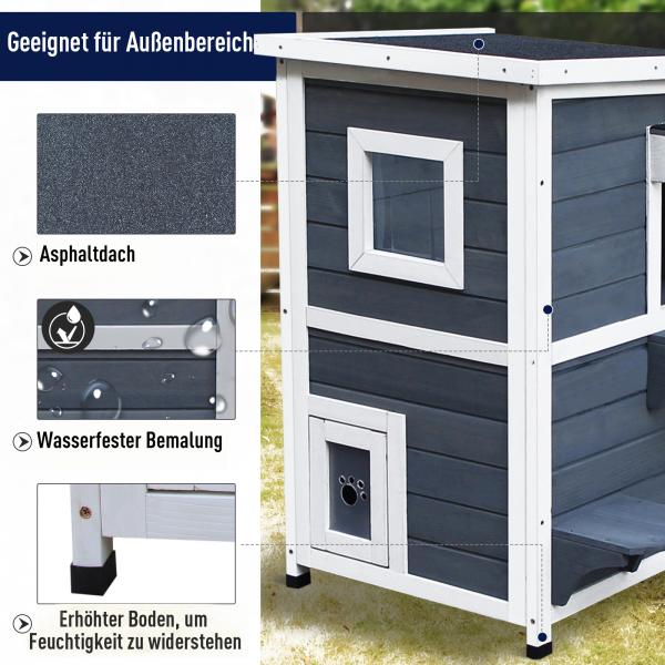 Katzenhaus 2 Etagen mit Treppen Asphaltdach Tannenholz Grau - Palo24