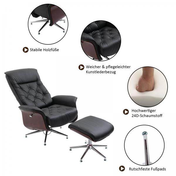 Relaxsessel mit Hocker Fernsehsessel PU-Bezug Holzverkleidung Metallfuss Schwarz - Palo24
