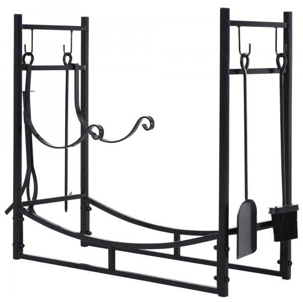 Kaminholzregal Holzständer Holzablage mit 4 Haken 2 Schichten Metall Schwarz - Palo24