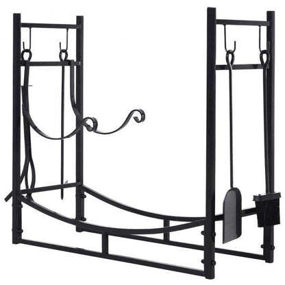 Kaminholzregal Holzständer Holzablage mit 4 Haken 2 Schichten Metall Schwarz - Palo24