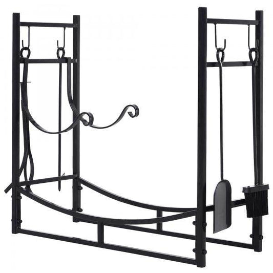Kaminholzregal Holzständer Holzablage mit 4 Haken 2 Schichten Metall Schwarz - Palo24