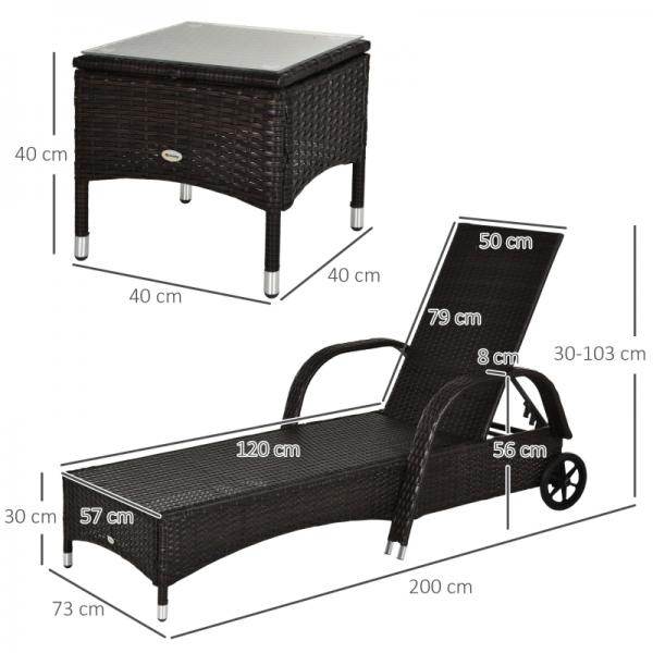 Sonnenliege Tisch 3er Set Gartenmöbel Polyrattan Braun - Palo24