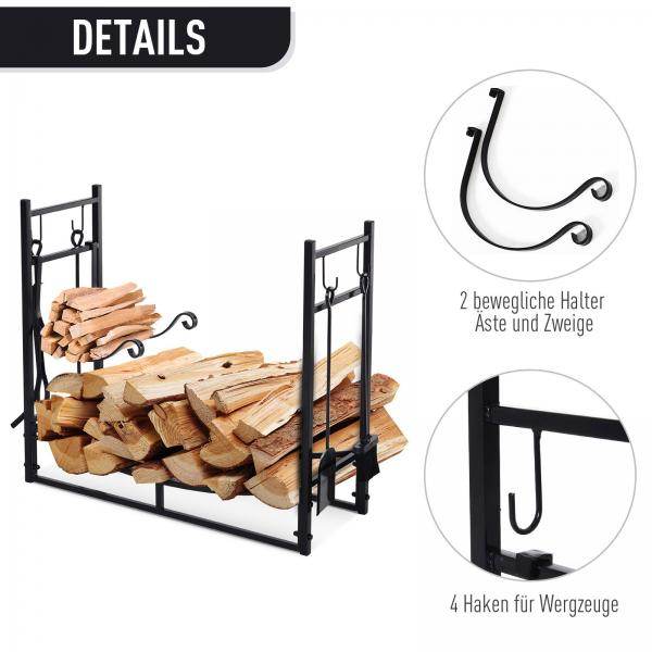 Kaminholzregal Holzständer Holzablage mit 4 Haken 2 Schichten Metall Schwarz - Palo24