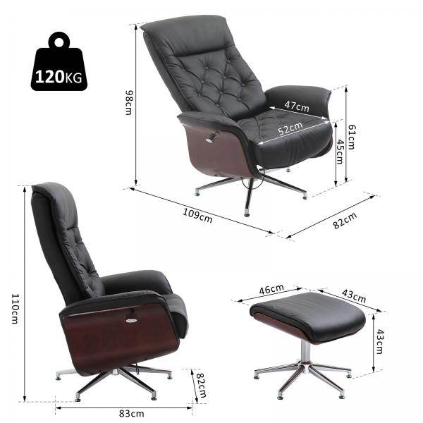 Relaxsessel mit Hocker Fernsehsessel PU-Bezug Holzverkleidung Metallfuss Schwarz - Palo24