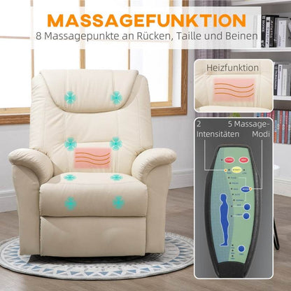 Massagestuhl mit Aufstehhilfe, 8 Vibrationspunkte, Heizfunktion, Fußstütze, Creme - Palo24