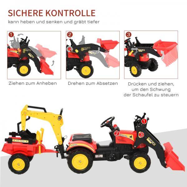 Trettraktor mit Anhänger Tretbagger mit Frontlader Kindertrettraktoren ab 3 Jahre Stahl Kunststoff Rot 179 x 42 x 59 cm - Palo24