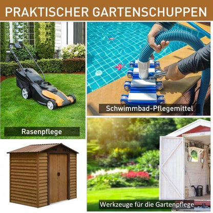 Geräteschuppen Geräteschrank Gerätehaus Gartenhaus Holzmaserungsimitat+Kaffee L152 x B235,7 x H208,7 cm - Palo24