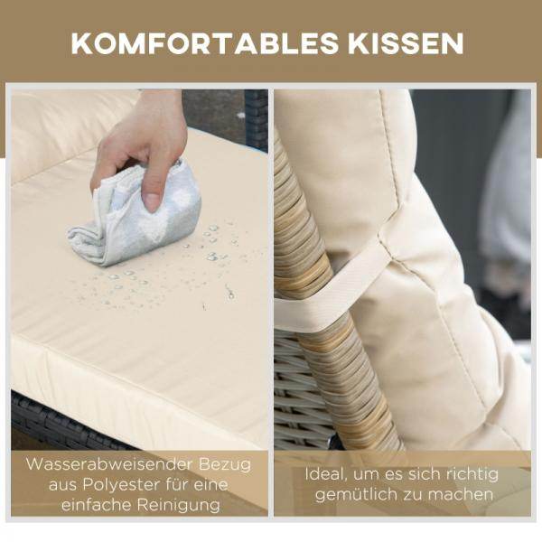 Sonnenliege Gartenliege mit Rollen Kissen 4-stufig verstellbar Rattanliege Stahl Natur+Khaki - Palo24