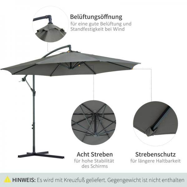 Ampelschirm mit Handkurbel 300cm Rund Stahl Grau - Palo24