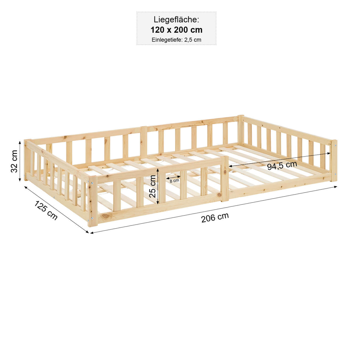 Kinderbett / Bodenbett aus massivem Kiefernholz 120x200 cm – natur