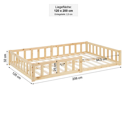 Kinderbett / Bodenbett aus massivem Kiefernholz 120x200 cm – natur