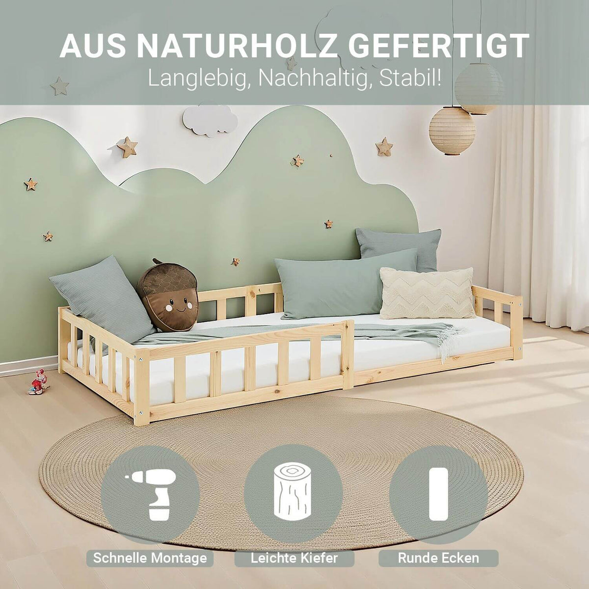 kinderbett 90x200 natur bodenbett montessori mit rausfallschutz