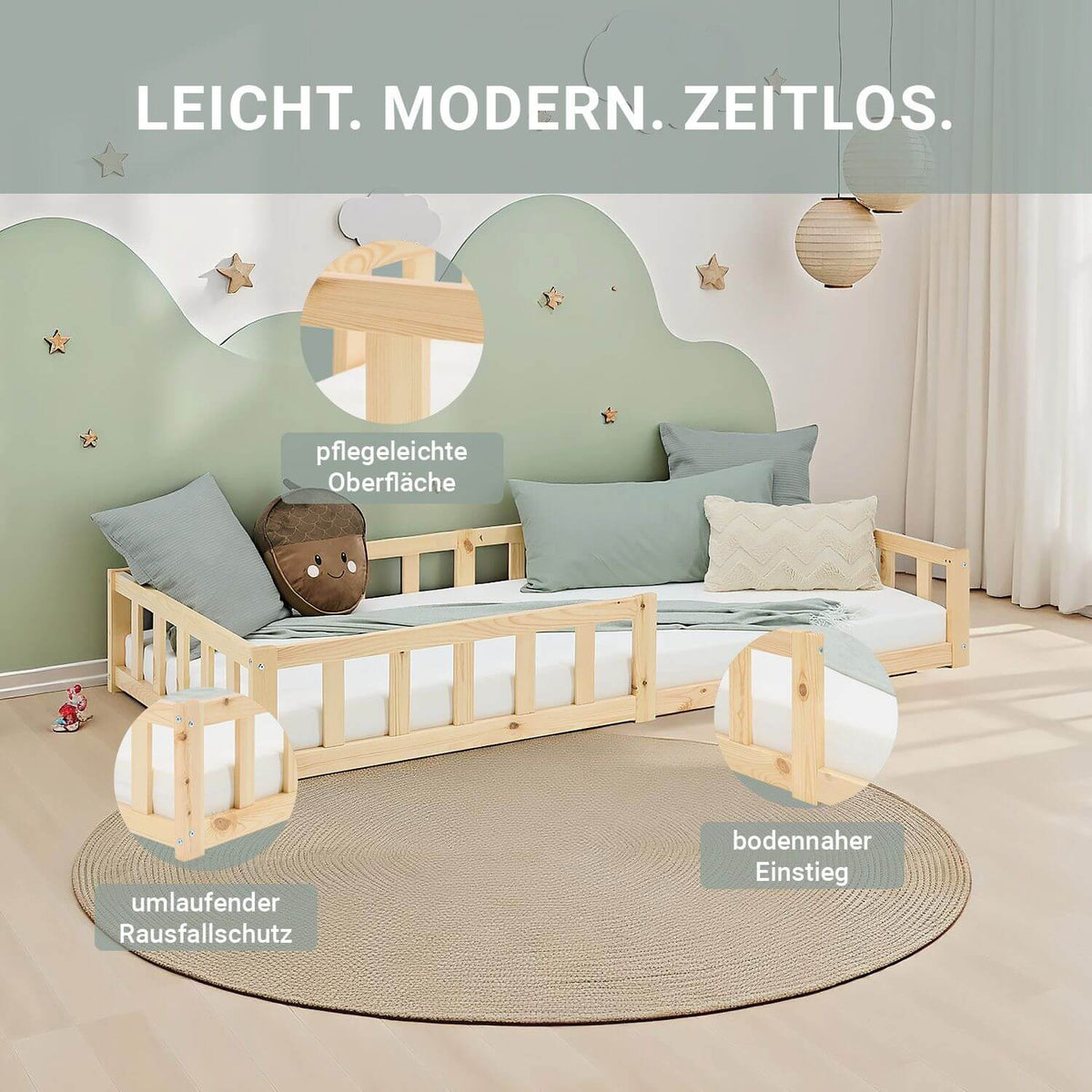 kinderbett 90x200 natur bodenbett montessori mit rausfallschutz