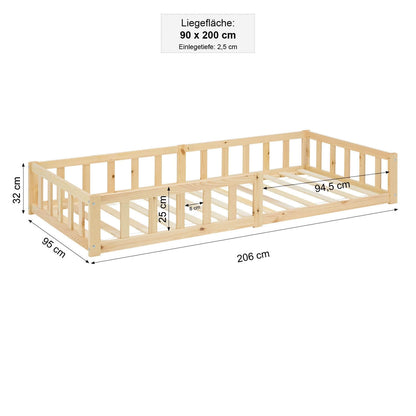 kinderbett 90x200 natur bodenbett montessori mit rausfallschutz