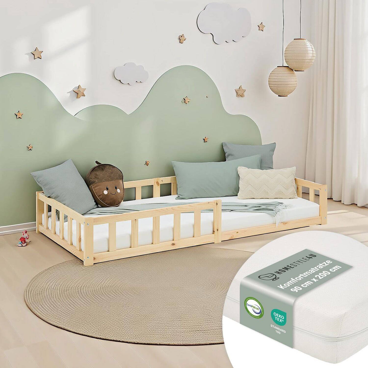 kinderbett 90x200 natur bodenbett montessori mit rausfallschutz