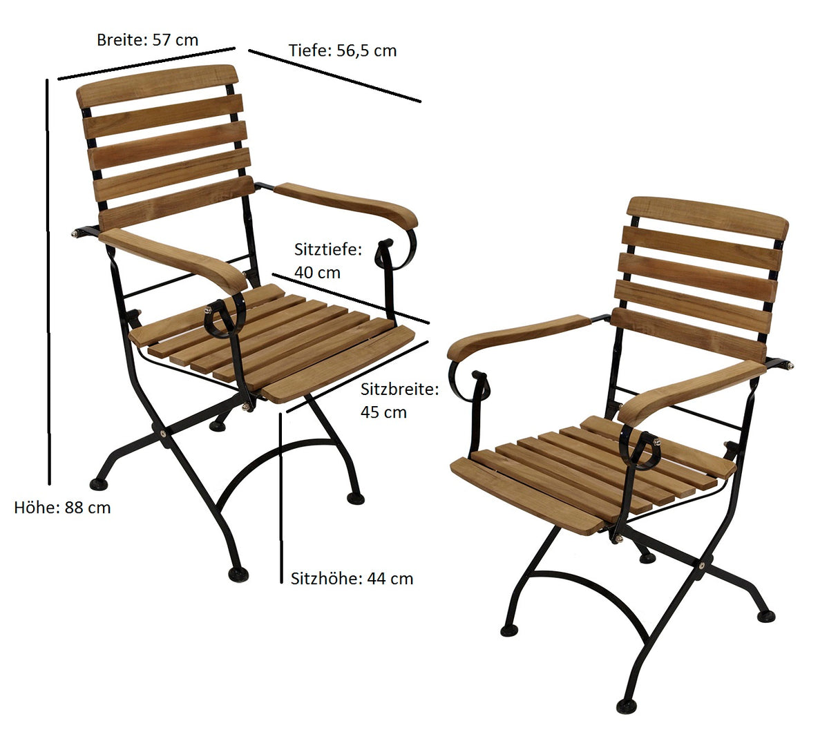Chaise pliante JAKARTA, acier plat noir + teck, 2 pièces, certifiée FSC®