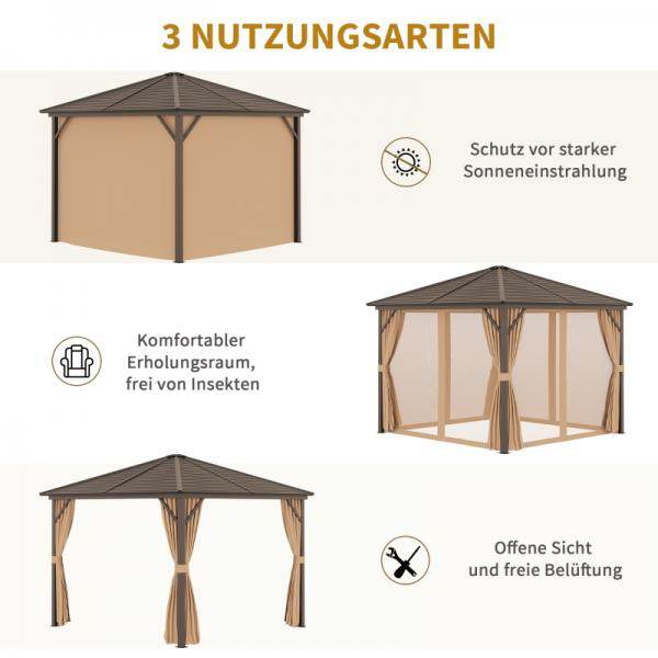 Gartenpavillon 4 x Doppel-Seitenwänden Laternenhaken Alu + Polyester Bronze+Hellbraun ca. 3 x 3 x 2,5 m - Palo24
