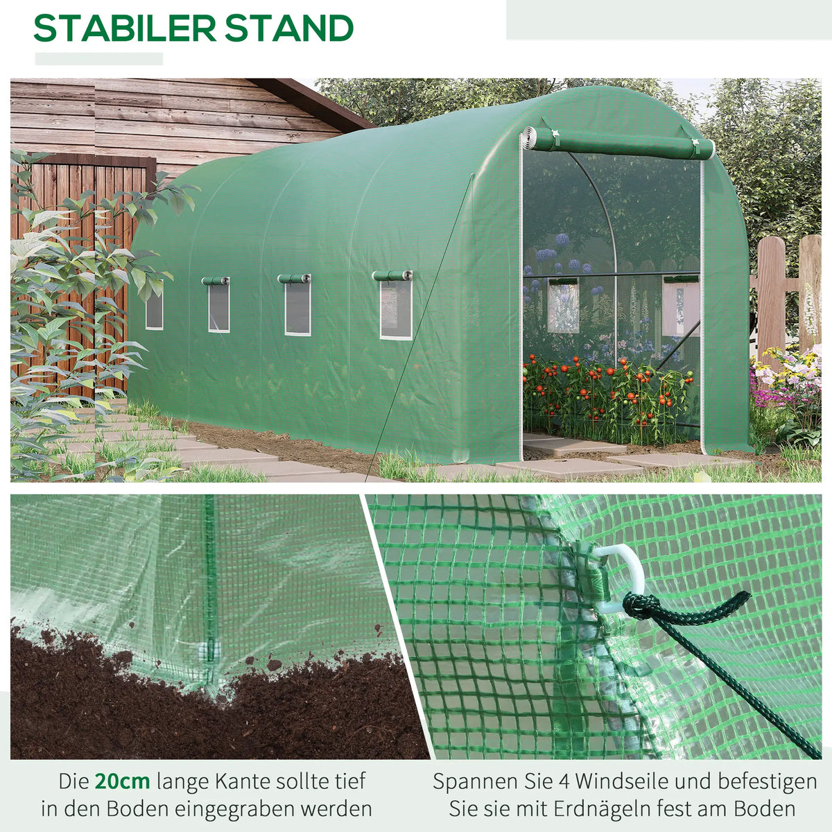 Serre en aluminium serre à tomates serre 8 fenêtres PE + acier vert 500 x 200 x 210 cm