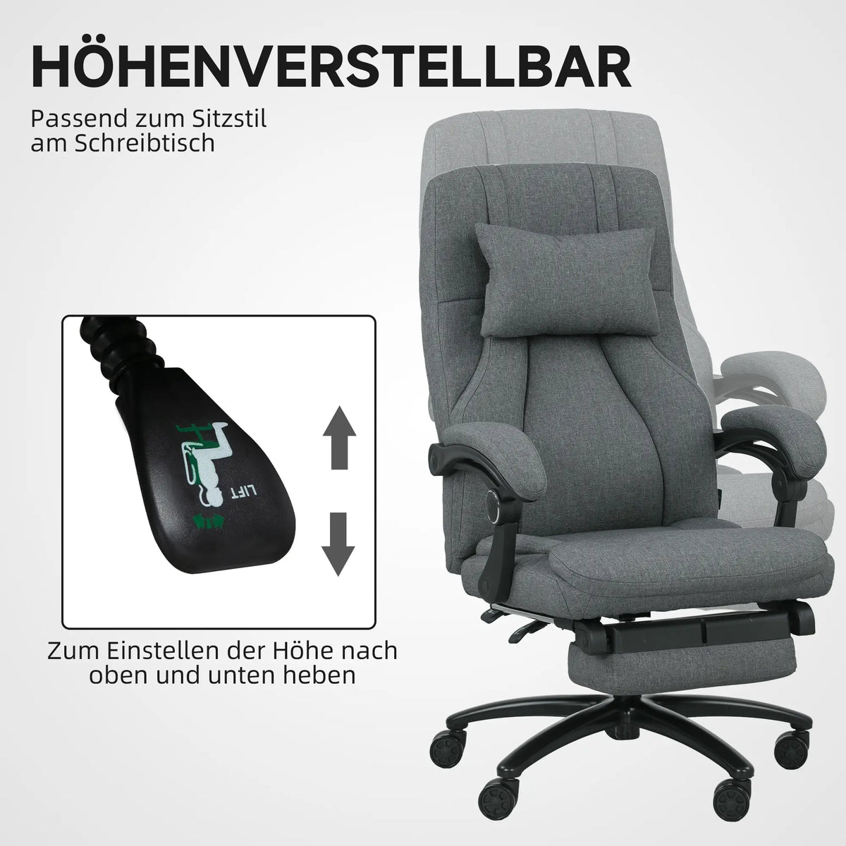 Bürostuhl höhenverstellbarer mit Fußstütze Massagefunktion, Leinen-Gefühl, Grau
