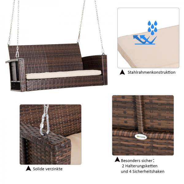 Hängebank 2-Sitzer Rattan Gartenschaukel mit Sitzkissen Hängeschaukel Schaukelbank Braun - Palo24