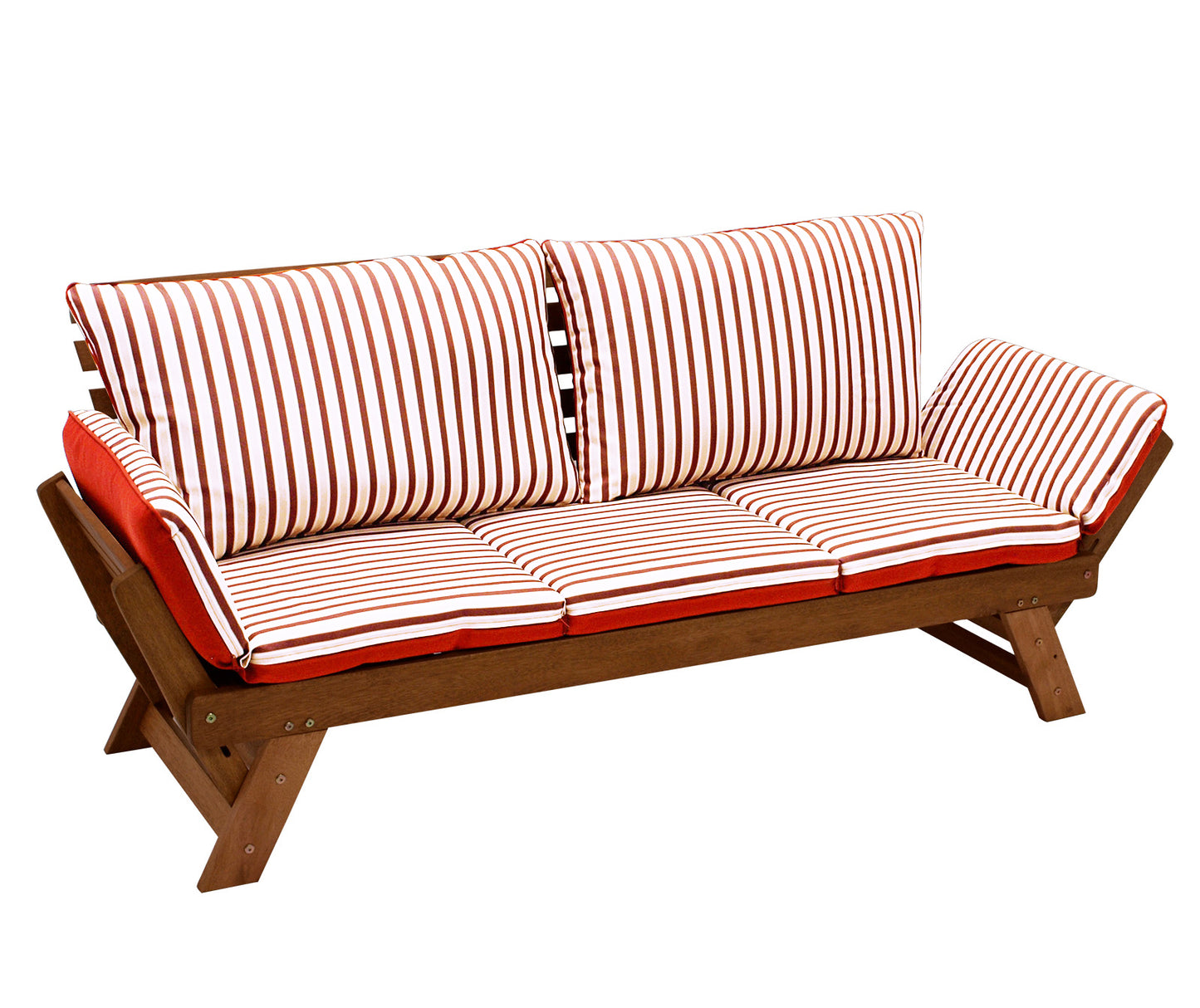 Canapé transat TIROL 202cm, eucalyptus huilé, coussin réversible rouge beige