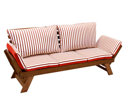 Canapé transat TIROL 202cm, eucalyptus huilé, coussin réversible rouge beige