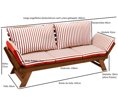Canapé transat TIROL 202cm, eucalyptus huilé, coussin réversible rouge beige