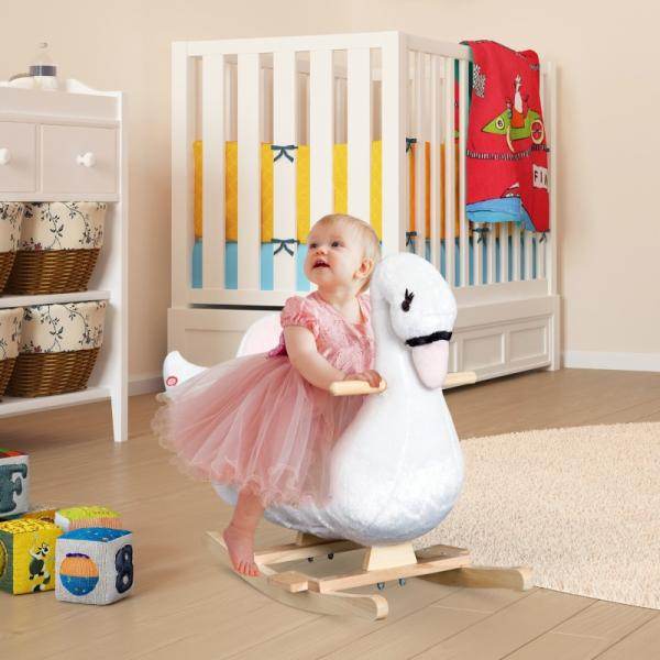 Schaukelpferd Baby Schaukeltier Schwan mit Musik Spielzeug Plüsch Rosa+Weiss - Palo24