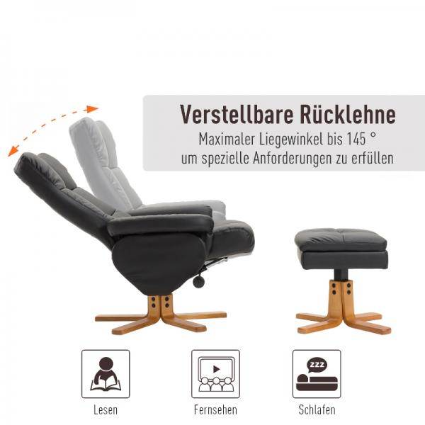 Relaxsessel mit Liegefunktion 360° drehbarer Sessel PU Holzgestell Schwarz - Palo24