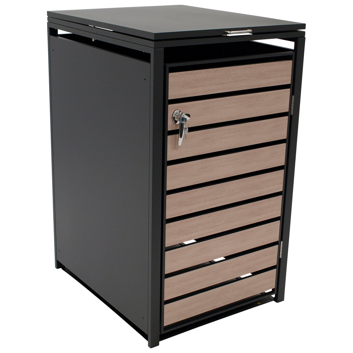 Boîte poubelle 66x80x116cm pour poubelles 120 et 240 litres, acier anthracite avec portes aspect bois