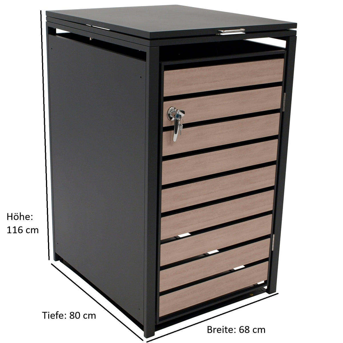 Boîte poubelle 66x80x116cm pour poubelles 120 et 240 litres, acier anthracite avec portes aspect bois