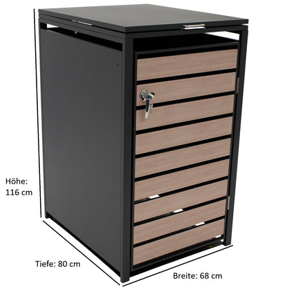 Boîte poubelle 66x80x116cm pour poubelles 120 et 240 litres, acier anthracite avec portes aspect bois