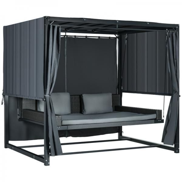Outdoor-Schaukelbett aus PE-Rattan mit Baldachin, inkl. Kissen, wetterbeständig, Grau - Palo24