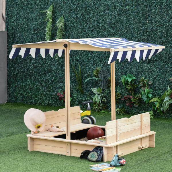 Sandkasten Sandkiste aus Holz mit Dach abnehmbar Rücklehnen verstellbar Tannenholz Natur - Palo24
