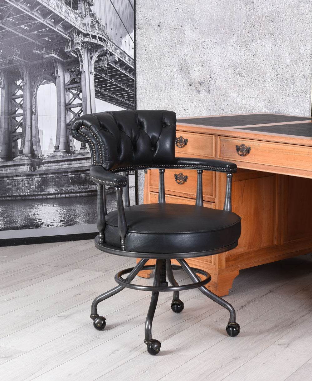 Bürostuhl Chesterfield Echtleder Schwarz - Palo24